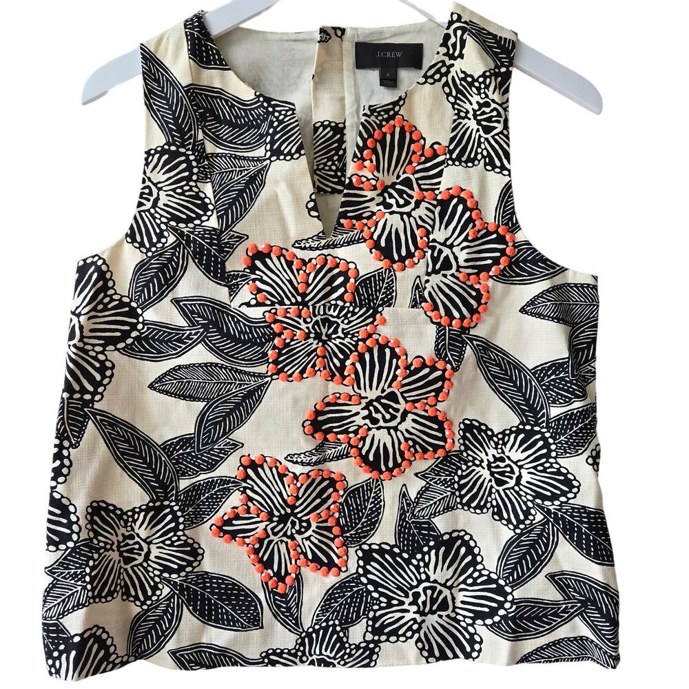 J.Crew NEW Polynesian Tropical Floral Black White Sleeveless Top Women Sz 6